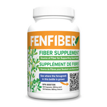 Fenfiber natural fiber supplement, one bottle front | Soluble fiber for digestive health, regularity, fenugreek capsules, fenugreek fiber grown in Canada.