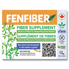 Fenfiber natural fiber supplement for digestive regularity | Fenfiber bottle label. Fiber supports good health.
