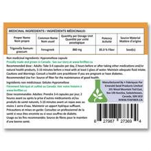 Fenfiber fenugreek fiber supplement for supporting gut health bottle back label with ingredients list.